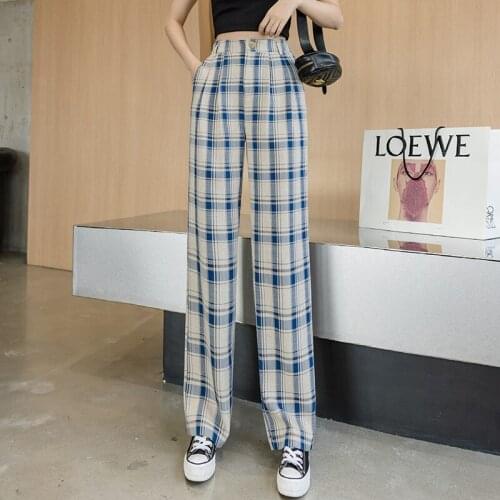 Elastic High Waist Plaid Wide Leg Pants Women 2021 New Spring Summer Plaid Straight Pants Loose Casual Pants Womens