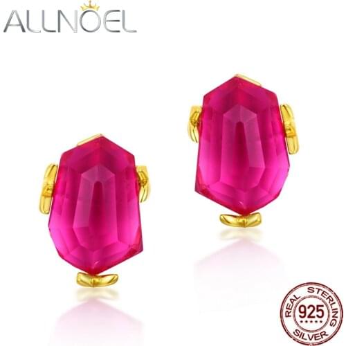ALLNOEL 925 Sterling Silver Stud Earrings For Women Simple Design Hyperbole Synthetic Pink Topaz Female Earrings Birthday Gift