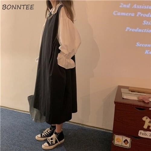 Sets Women 2 Piece Flare Sleeve Peter Pan Collar Top Solid Suspenders Dress Elegant Loose Leisure Student Fashion New Autumn Ins