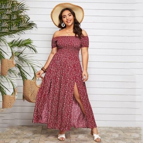 Summer Boho Dress Women Plus Size Off Shoulder Shirred Bodice Split Thigh Ditsy Floral Party Dress Femme Maxi Dresses платье
