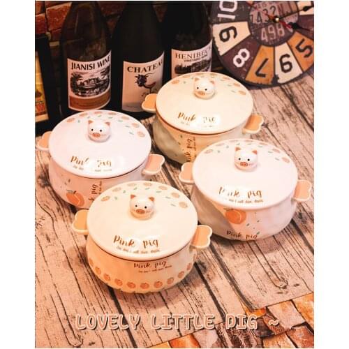 1L Embossed Cute Animal Panda Pig Ramen Noodle Ceramic Bowl Large Round with lid Kitchen Gadget Accessories gift For Grils