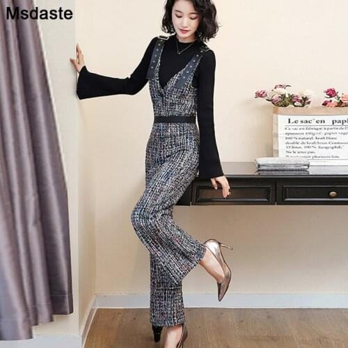 Woolen Pants Women Vintage Plaid Office Lady Wear Female Trousers Overalls High Waist Bodysuit Suspender Jumpsuits Flare Pants