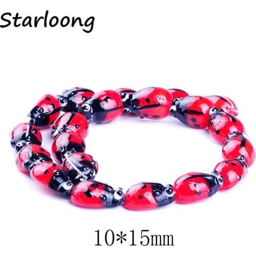 19pcs/string red black 10*15mm ladybug shape pattern glazed glass lampwork beads for bracelet necklace DIY jewelry making