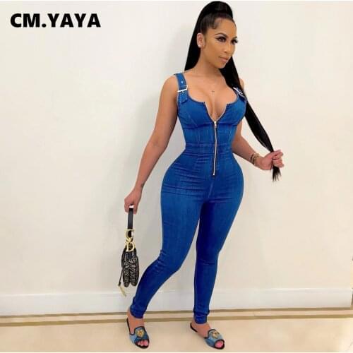 CM.YAYA Fake Jeans Womens Skinny Zipper Up Rompers Fashion Sleeveless Pencil Jumpsuit Bodycon Active One Piece Overalls