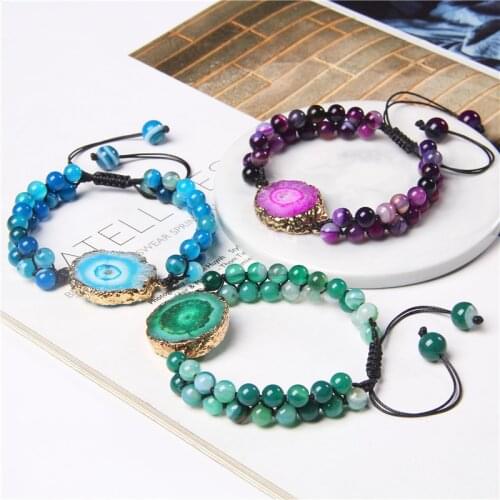 Double Layer Natural Crystal Druzy Quartz Geode Woven Bracelet Natural Agates Stone Beaded Adjustable Bracelet Women Men Jewelry