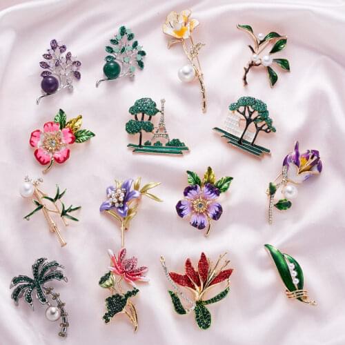 Elegant Pearl Rhinestone Enamel Flower Tree Plant Brooches For Women Dress Suit Shirt Coat Lapel Pins Female Accessories Gifts