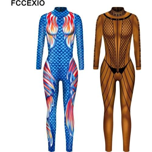 FCCEXIO Egyptian banshee Sexy Jumpsuit 3D Printing Cosplay Costume Halloween Costume For Women Party Bodysuit Fancy Dress
