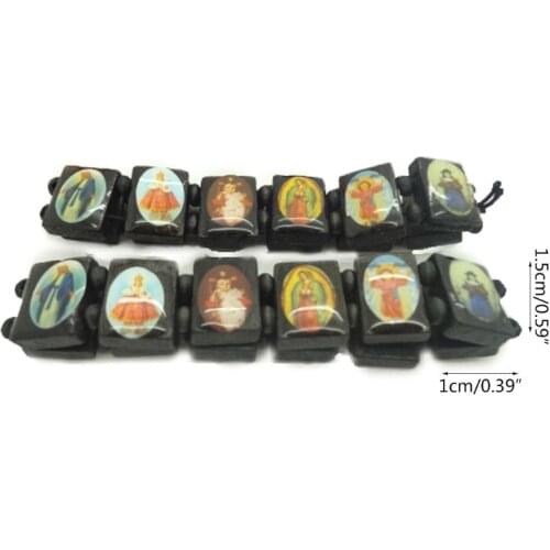 4pc Catholic Jewelry Christian Supplies Wooden Icon Elastic Bead Bracelet Gift