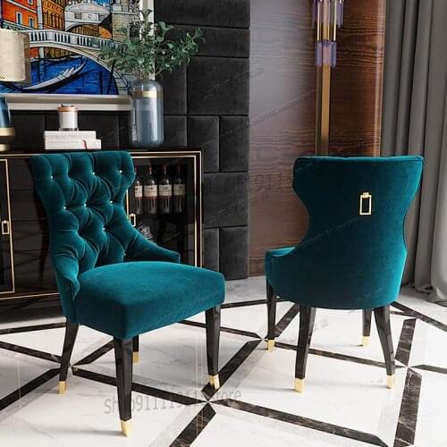 Custom Made American Solid Wood Blue Flannel Dining Chair Light Luxury European Cloth Study Chair Office Chair Hotel Restaurant