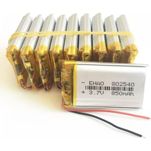 10 pcs 3.7V 850mAh 802540 Lithium Polymer LiPo Rechargeable Battery For Mp3 PAD DVD E-book bluetooth Speaker Recorder 8*25*40mm