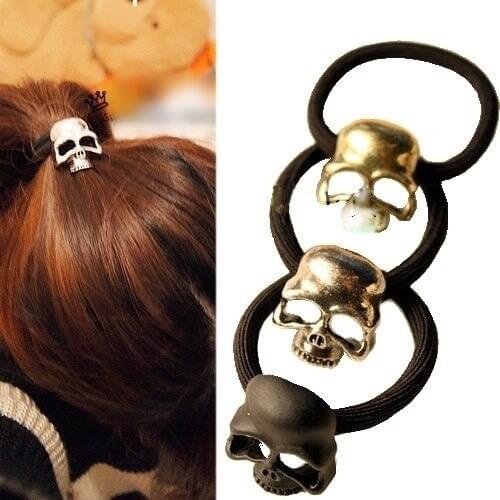 Rock Punk Metal 3D Skull Hair Tie Rope Band Wrap Ponytail Holder for Women Girls Halloween Cosplay Party Headwear Decor Jewelry