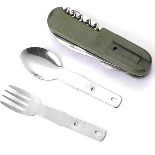 7 in 1 Multi-functional Folding Tableware Portable Stainless Steel Detachable Flatware Travel Kit for Camping BBQ Picnic Trip