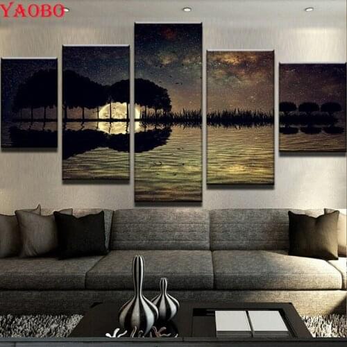 Diy 5d Diamond painting Abstract 5 Pcs Starry Sky Guitar Lake Landscape Cross Stitch Mosaic Diamond Embroidery full display