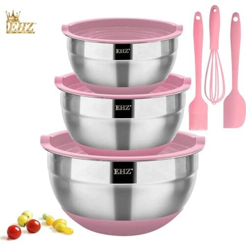 EHZ Salad Bowl Set Mixing Bowl Non-Slip Silicone Bottom Food Grade Stainless Steel Multifunctional Sealed Fresh Bowl Household