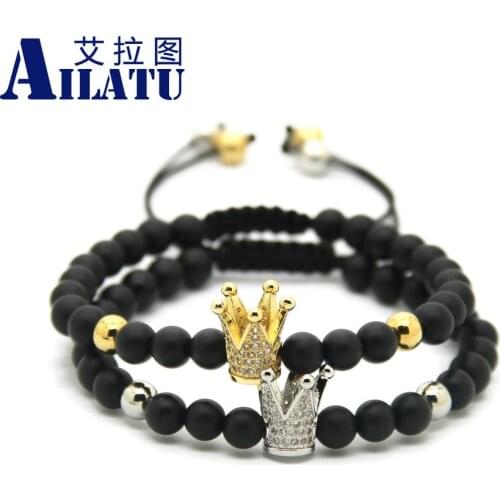 Ailatu 10 Pieces CZ Crown Braided Bracelet 6mm Matte Onyx Stone and Stainless Steel Beads Trendy Jewelry Party Gift