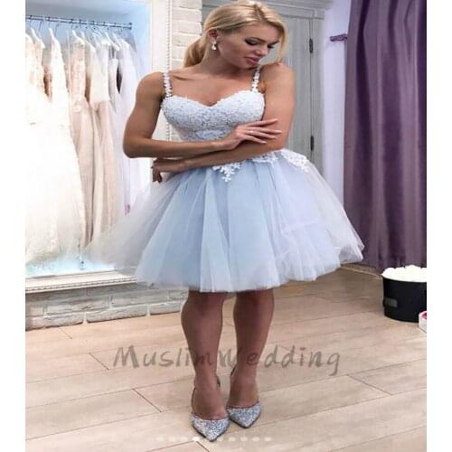 Light Blue Short Prom Dresses 2020 WIth Lace Spaghetti Straps Short Evening Party Dress A Line Tulle Cheap Prom Gowns For Girls