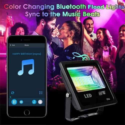 LED Flood Lights RGB Color Changing 60W Equivalent Outdoor Garden Bluetooth-Compatible APP Smart Floodlights IP66 Waterproof