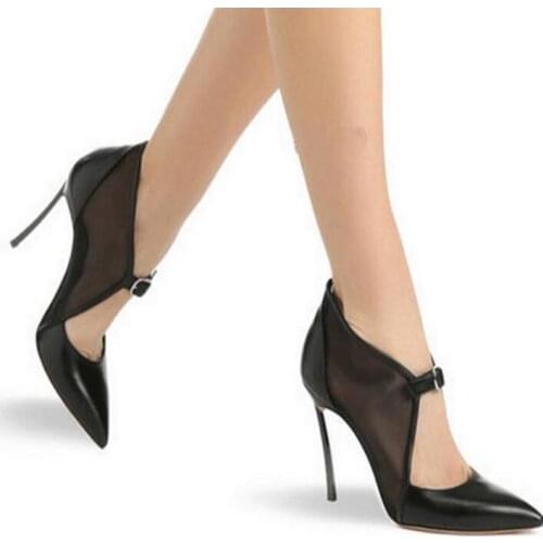 New Fashion Stiletto Heels Sexy Pointed Toe Transparent Mesh Dress Shoes Women Elegant Nude/Black Office Shoes Party Pumps