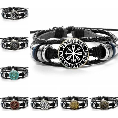 Vintage Viking Compass Bracelet Nordic Runes Odin Symbol Glass Gem Leather Bracelets Bangles for Men Viking Jewelry