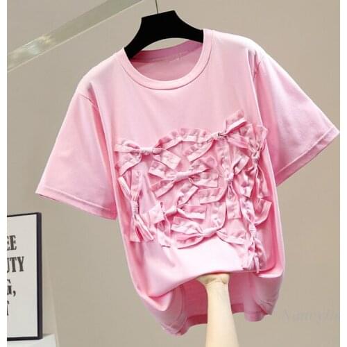 Bow T-Shirt Woman New Round Neck Short Sleeve Casual All-Match Tops 2021 Summer Girls Ladies Tees White Black Pink
