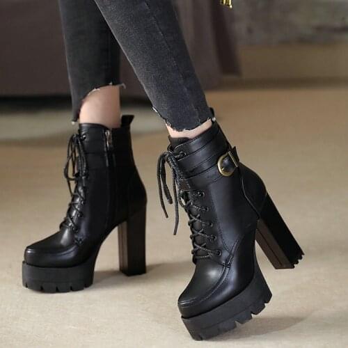 New Autumn Winter Women High Heel Ankle Boots Round Toe Square Heel Waterproof Platform Fashion Belt Buckle Lace-up Martin Boots