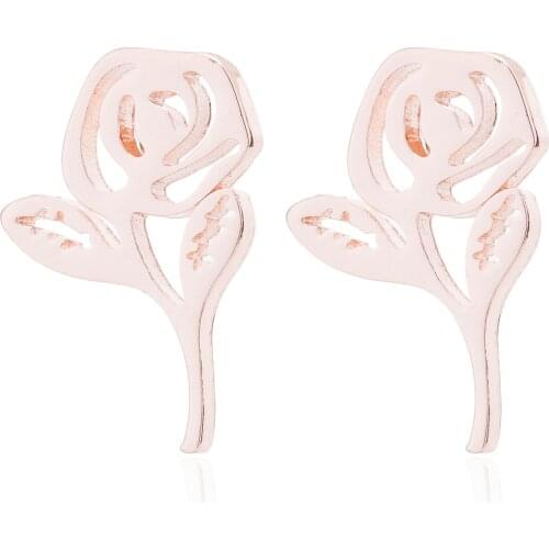 Valentines Romantic Rose Gold Color Rose Flower Shaped Stud Earrings for Women Cute Flower Small Earrings Engagement Gift