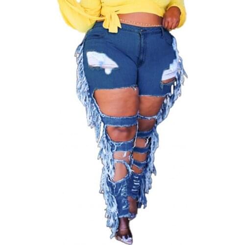 Womens Jeans Ripped Tassel Jeans 2021 Fall Skinny Sexy Stretch Mid-Waist Long Pants Urban Casual Pencil Pants High Street Blue