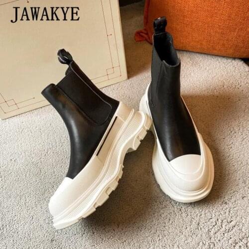 Heightened Platform Women Boots British Style Thick Sole Slip-on Short Boots Round Toe Real Leather Casual Chelsea Winter Boots