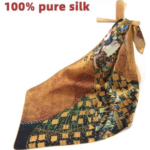Pure Silk Scarf Women Bandana Female Handkerchief Portrait Oil Painting Hair Scarf Artistic Womens Natural Silk Square Headband