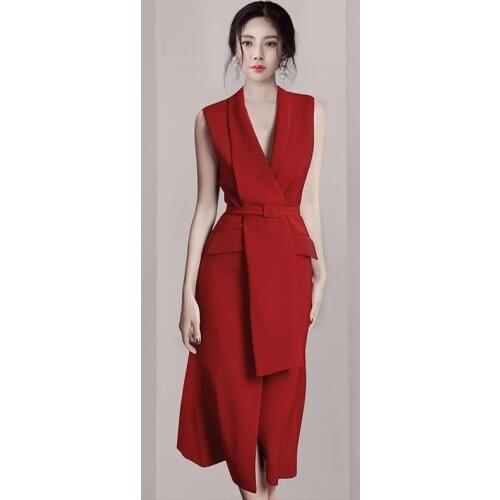 JSXDHK Runway Designer Spring Office Ladies Long Dress High Quality Women Red Sleeveless Belt Dress Sexy V Neck Bodycon Vestidos