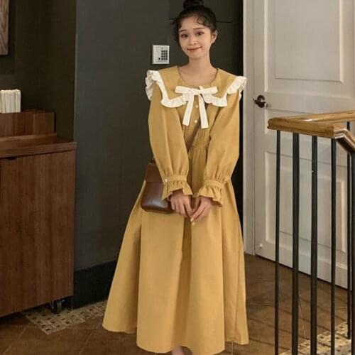 Bella Sweet Students Long Sleeve Botton Dress Patchwork Peter Pan Collar Ulzzang Bow A-line Loose Korean Elegant Solid Vestidos