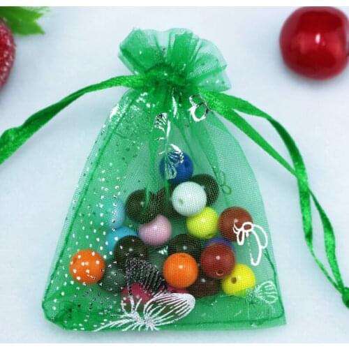 100pcs 9x12cm Grass Green color Butterfly Drawable Organza Bags Wedding Christmas Gift Bag Jewelry Packaging Bags Pouches