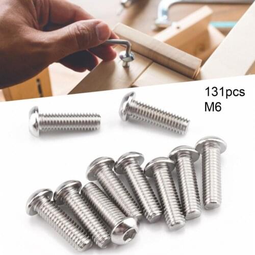 131Pcs M6 Hex Socket Bolt Precise Thread Anti-rust 304 Stainless Steel Round Head Hexagon Cap Bolts Nuts Kit for Machines