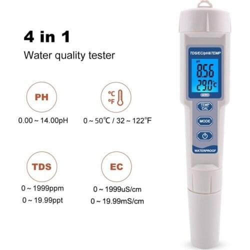 4in1 Waterproof pH/EC/TDS Temperature Meters Digital Water Quality Monitor for Swimming Pools Drinking Water Aquariums Backlight