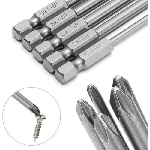 5 Pcs 1/4'' 150mm Electric Screwdriver Bits Long S2 Alloy Steel Magnetic Cross Head Screwdriver Bits Set Tools PH1 PH2 Screw