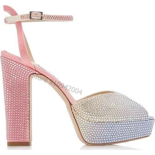 Sexy Platform Sandals For Ladies Summer Peep Toe High Block Heel Shoes Pink Crystal Diamond Women Sandals Feminina