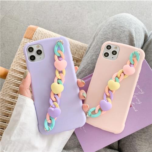 LOVECOM Candy Color Wrist Chain Phone Case For iPhone 12 Pro 11 Pro Max XR XS Max 8 7 Plus X Soft Heart Chain Hanging Back Cover
