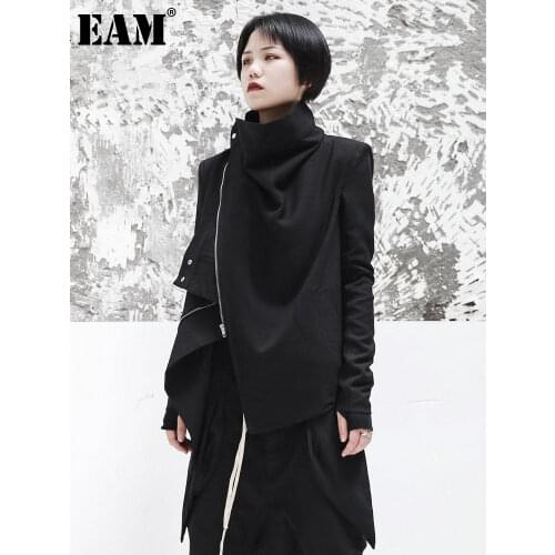 [EAM] 2021 New Spring Stand Collar Long Sleeve Black Zipper Split Joint Irregular Jacket Women Coat Fashion Tide JI102
