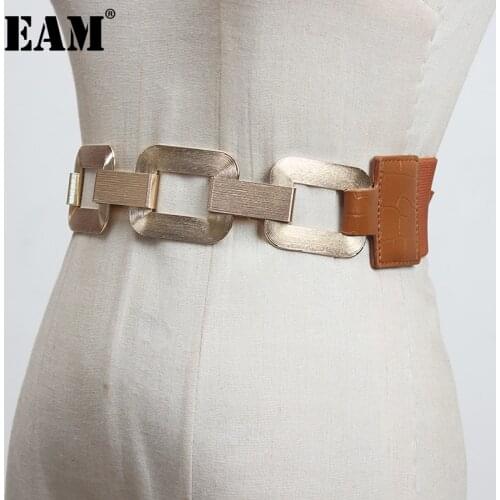 [EAM] Pu Leather Metal Buckle Split Joint Wide Belt Personality Women New Fashion Tide All-match Spring Autumn 2021 1DB823