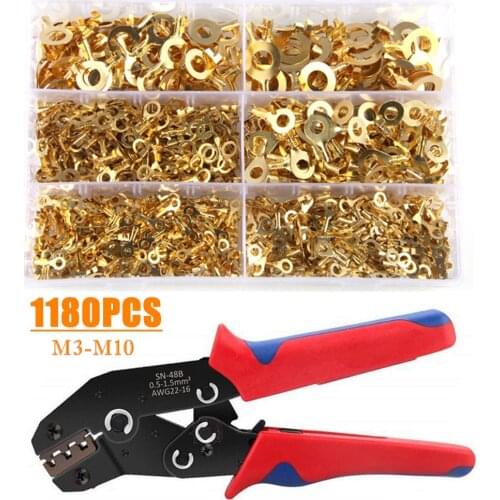 1180Pcs M3 M4 M5 M6 M8 M10 Ring Lugs Ring Eyes Copper Crimp Terminals Cable Lug Wire Connector Crimping Plier Tools Kit