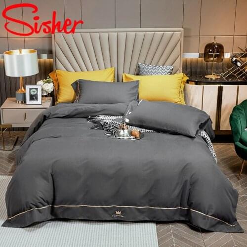 Luxury Modern Brief 4pcs Duvet Cover Set Pillowcase Embroidery Crown pattern Bed Linen Sheet Bedding Sets Quilt Queen King Size
