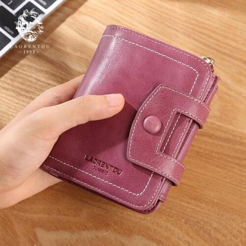 LAORENTOU Genuine Leather Women Wallet Zipper & Hasp Coin Pocket Lady Card Holder Female Money Bag Coin Case Short Retro Purse