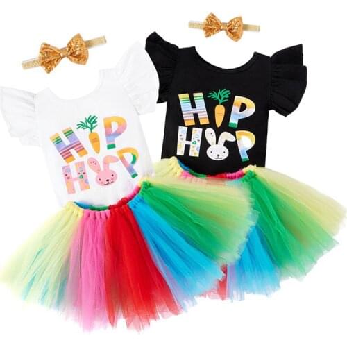 0-24M Newborn Baby Girl 3Pcs Summer Clothes Set Letter Ribbit Printed Short Sleeve Tops Colorful Tulle Short Skirt Headband New