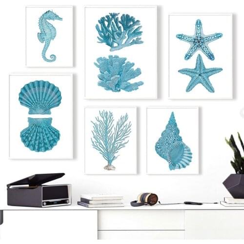 Coral Seahorse Starfish Conch Scallop Vintage Nordic Posters And Prints Art Canvas Painting Wall Pictures For Living Room Decor