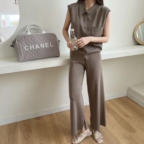 Single Breasted Knitted Shirts + Wide Leg Trousers Set Two Piece Tracksuit Sleeveless Silk Casual Vintage Pockets Office Z820