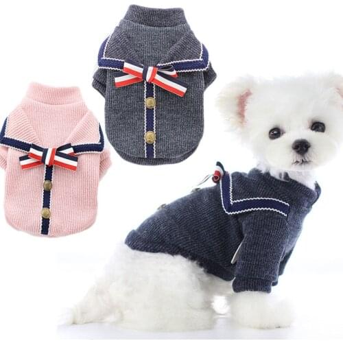School Style Dog Down Coat Winter For Boy/Girls Pet Cat Knitted Cardigan Jacket For Small Dogs Bowtie Decor Puppy Clothes Outfit