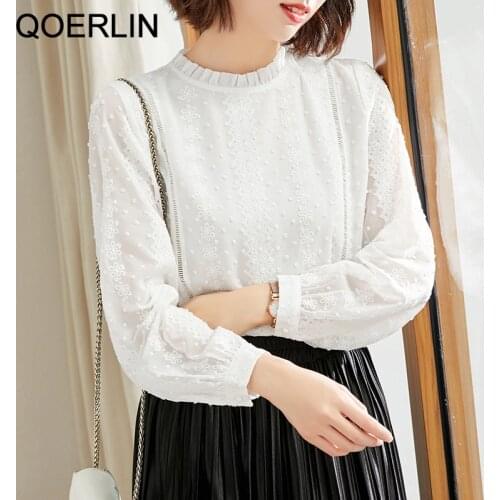 QOERLIN Korean White Shirts Hollow Out Floral Embroidery Temperament Shirt Women Full Sleeve Loose White Blouse Top Plus Size