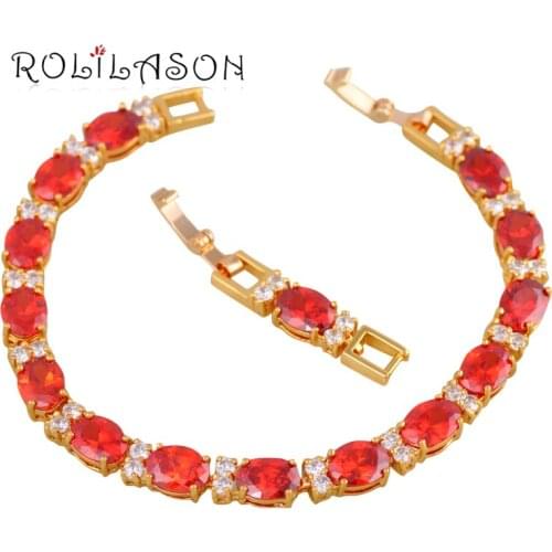 ROLILASON Royal Red Garnet Design Golden Friendship Bracelets for Women Party Gift Fashion Jewelry TB1102
