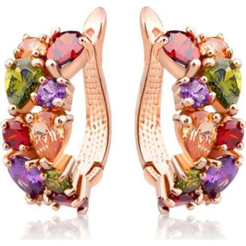 Luxury Rose Gold Color Stud Earrings For Women with Colorful Zircon Crystal Wedding Jewelry Earrings Ladies Girl Gifts