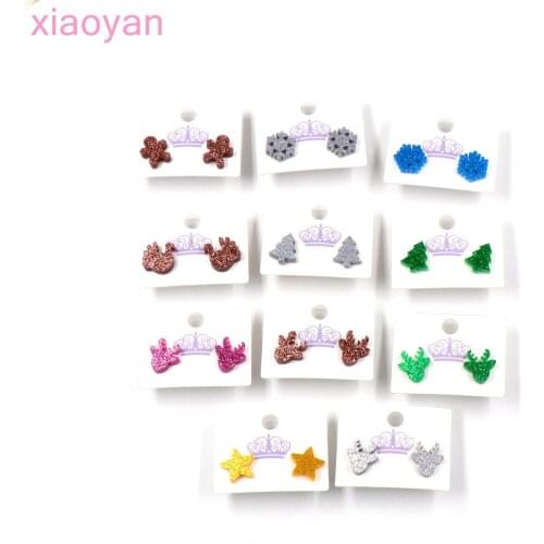 1pair)12mm Glitter Acrylic Stud Earrings Ginger Star Deer Turkey Snowflakes Christmas Stud Earrings -ST-1